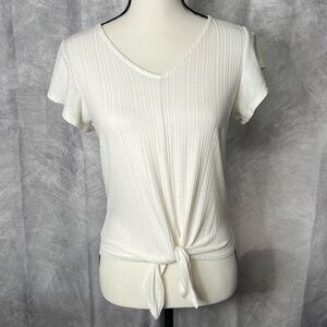 W5 White Tie-Front Women's V-Neck Ruffle Short Sleeve Top - SMALL